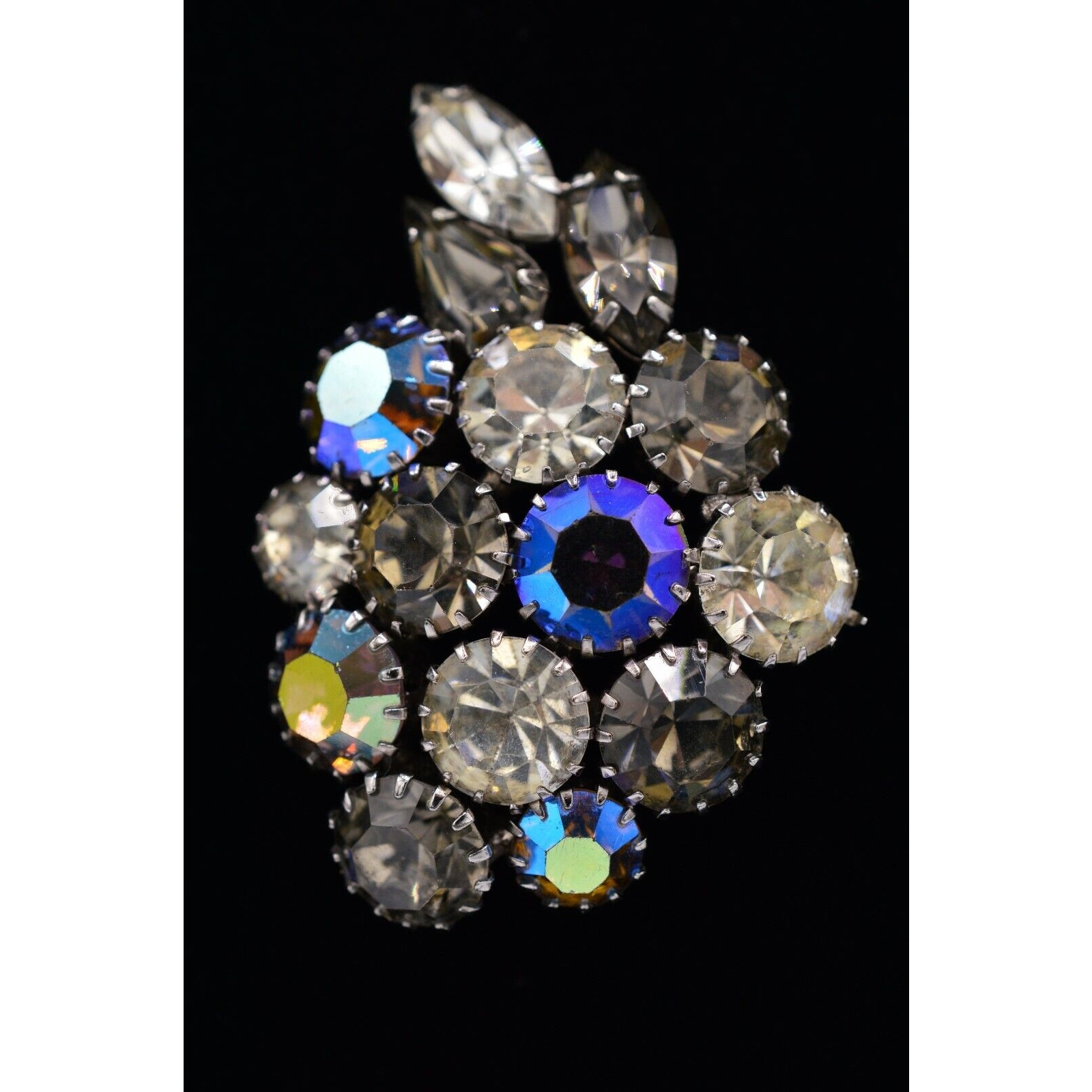 Karu Arke Vintage Crystal Pin Brooch Ab Gray Prong Rhinestone Signed 1960s Binj